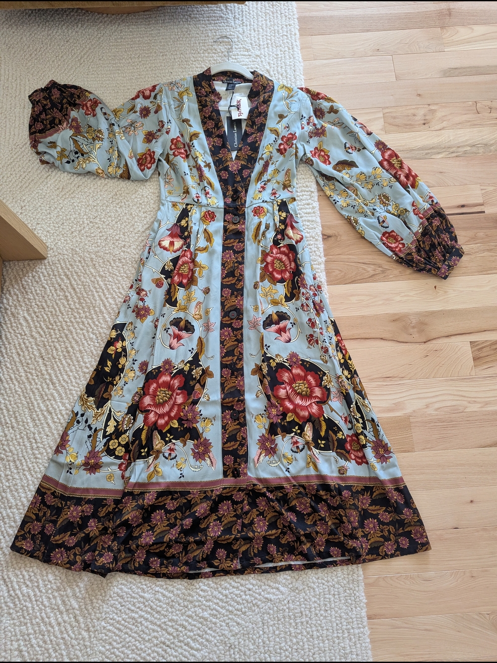 Boho Floral Midi Dress in Light Blue with Red Accents